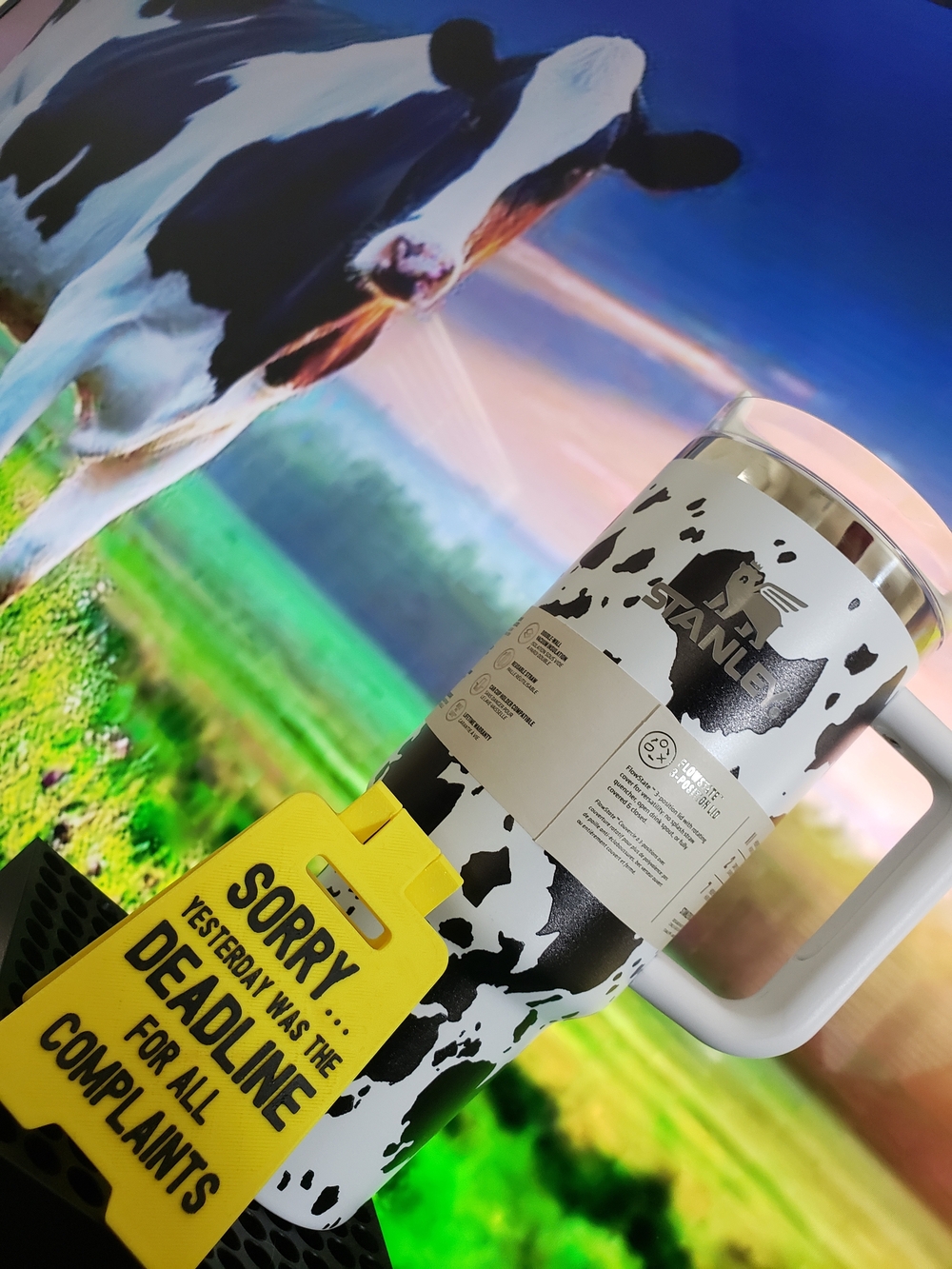 Stanley White and Black Cow-Print Insulated Travel Mug